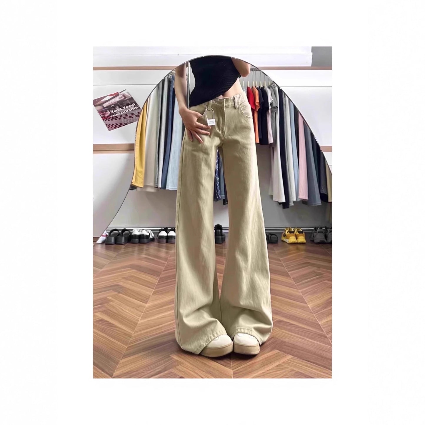 American-style Vintage Khaki Flared High-waist Brown Maillard Loose Floor-length Pants