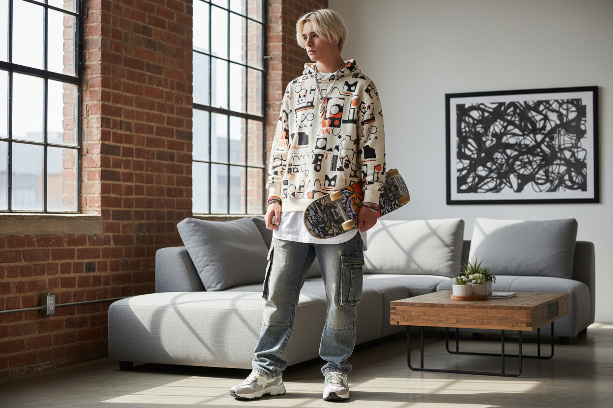 미국 10대 남자가 트랜디한 옷을 입고있는 것