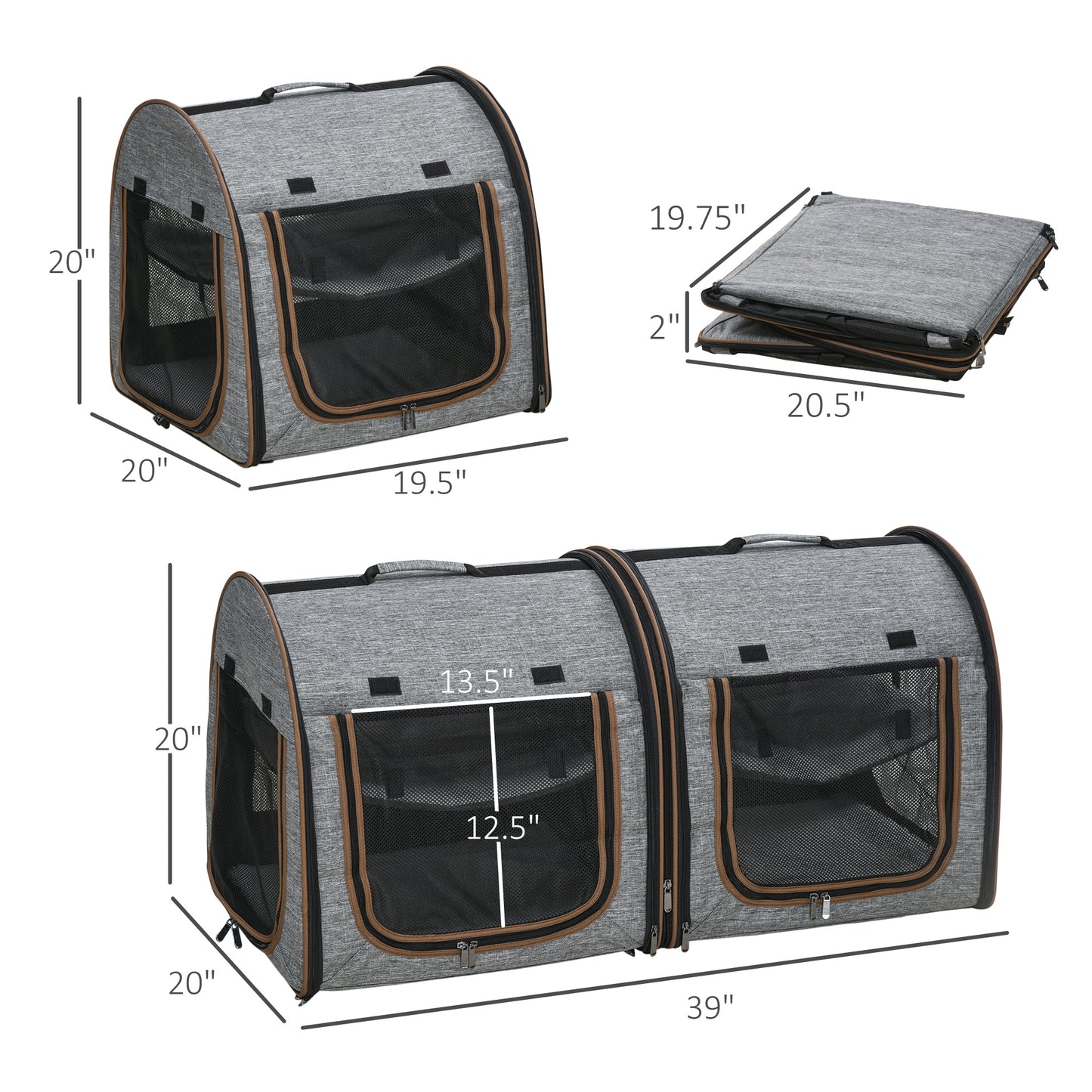 39" Portable Soft-Sided Cat Carrier, Cat Kennel, Travel Dog Crate with Divider, Two Compartments, Soft Cushions & Storage Bag, Easy to Fold, Light Gray