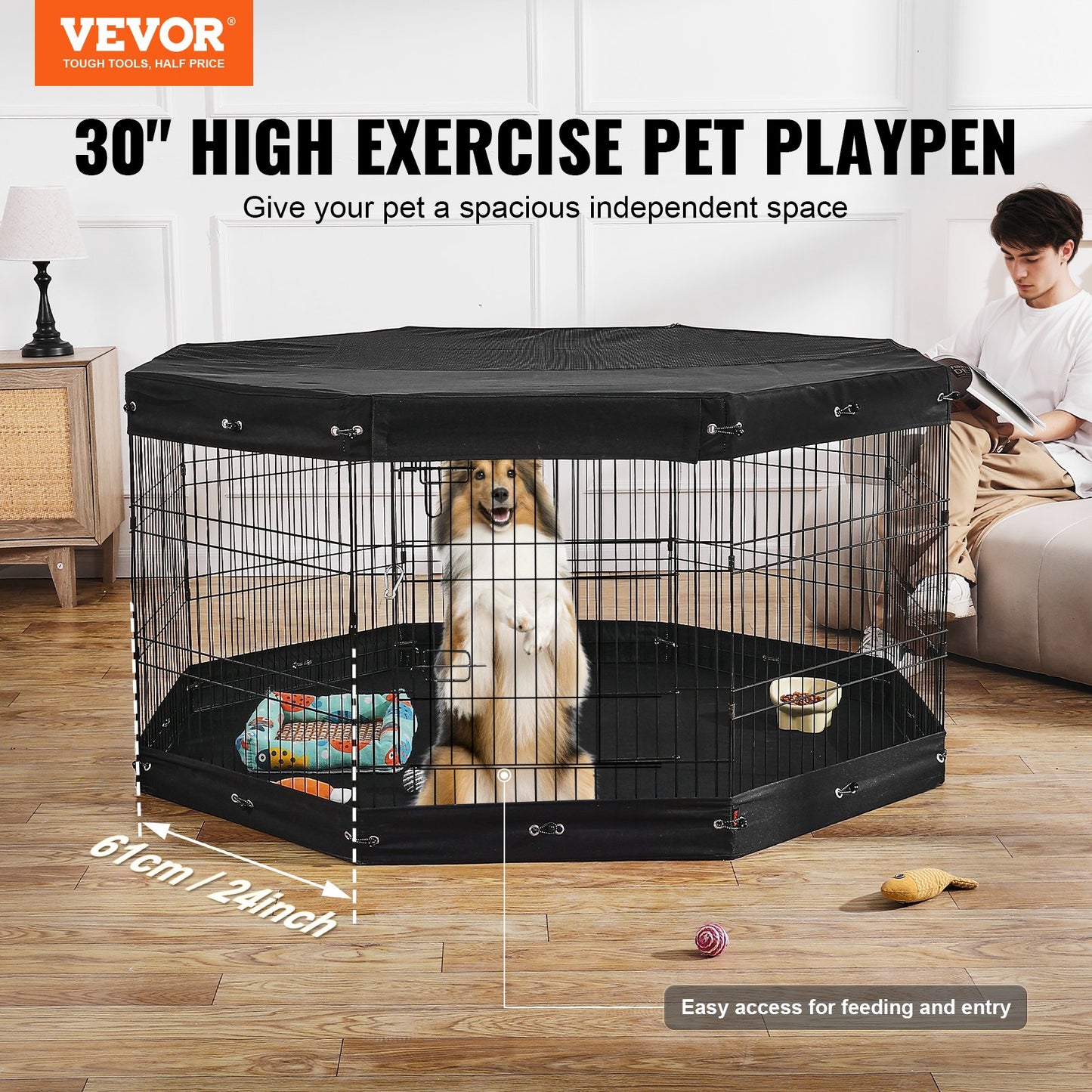 Dog Playpen 8 Panels Foldable Metal Dog Exercise Pen With Pad Cover 30"H