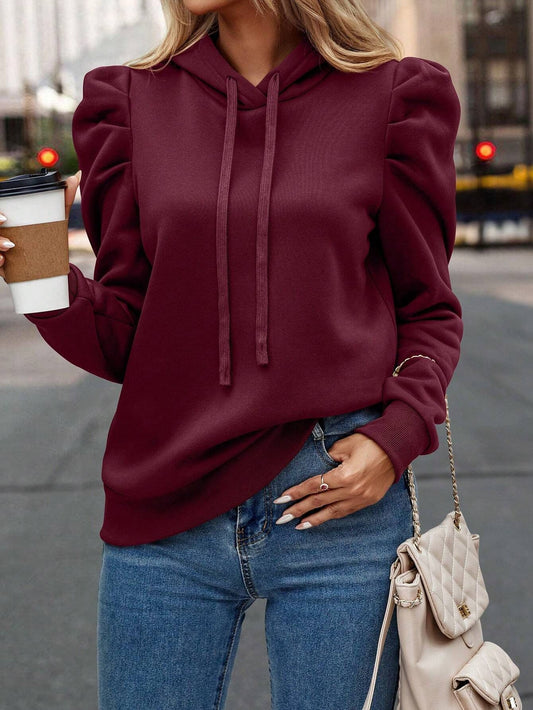 Autumn New Arrival Casual Minimalist Puff Sleeve Drawstring Hoodie Slim Fit Commuter Basic Long Sleeve Sweatshirt