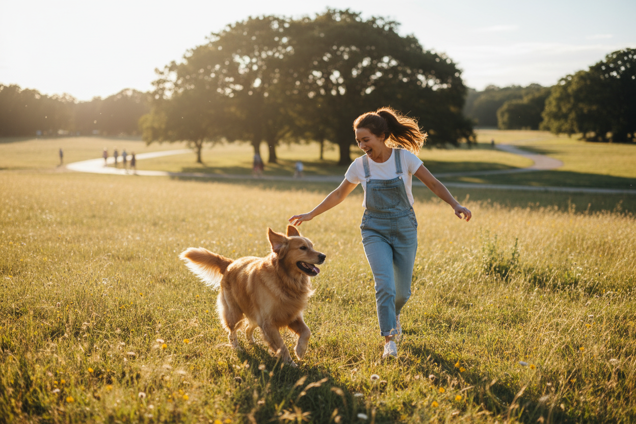 강아지랑 주인이랑 뛰노는 사진좀 만들어줘