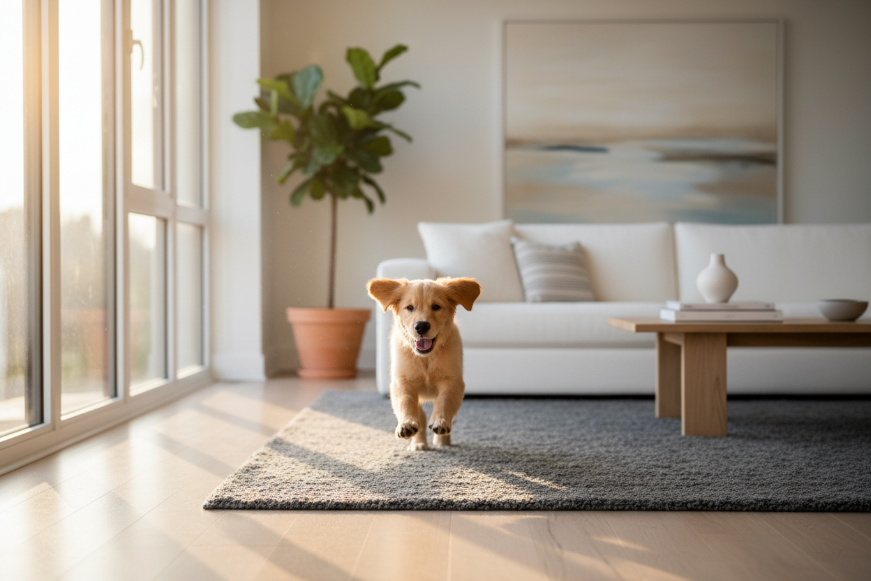 집에서 뛰어노는 강아지 사진을 만들어줘