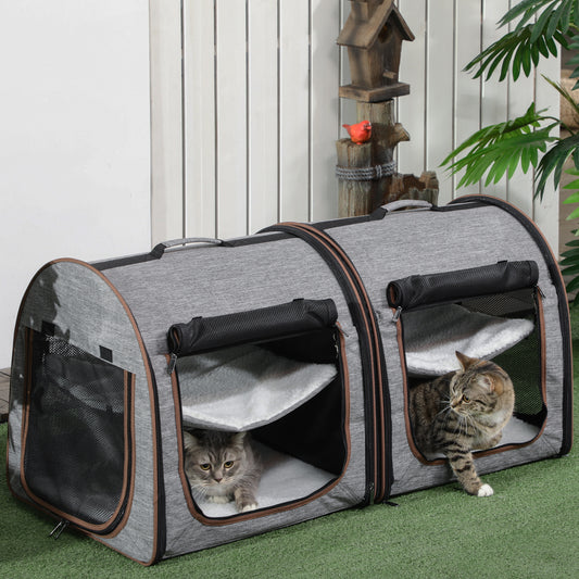 39" Portable Soft-Sided Cat Carrier, Cat Kennel, Travel Dog Crate with Divider, Two Compartments, Soft Cushions & Storage Bag, Easy to Fold, Light Gray